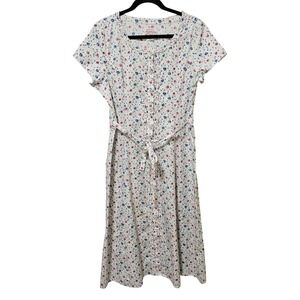 Lanz of Salzburg‎ L Midi Dress White Floral Print Button Front Cotton Cottage